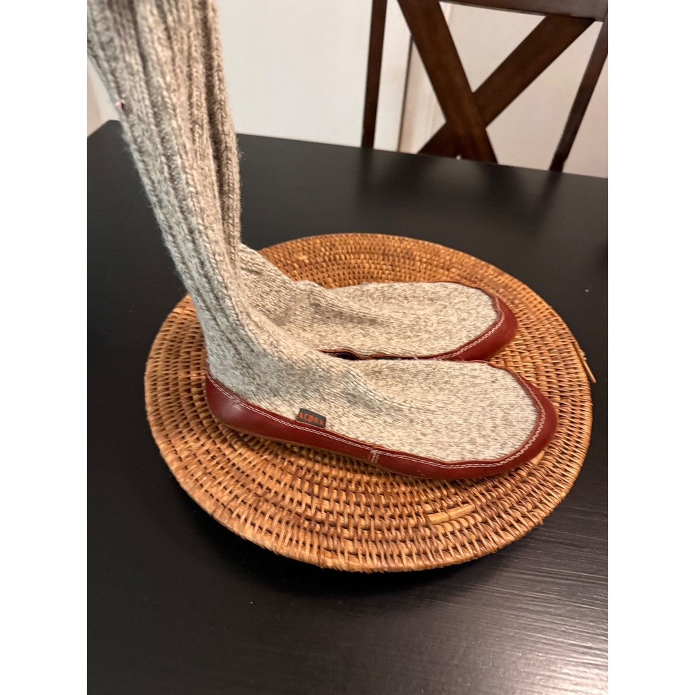 Acorn Women 9-10 Slipper Socks Ragg Wool Leather Suede Sole Grey Red Brown